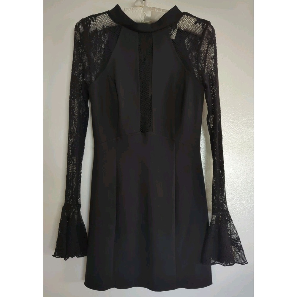 Free People Dress Womens Sz Small Black Its Now or Never Fishnet Bell Sleeve NWT
